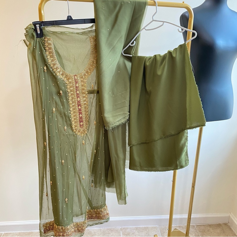 Elegant Olive Green Embroidered shalwar kameez UNSTITCHED